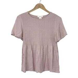 Urban Romantic Babydoll Pink Rayon Smocked Short Sleeve Blouse Large